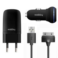 Зарядное устройство Nobby Energy USB 1A + 30pin SC-001 + AC001 Black сетевое + автомобильное